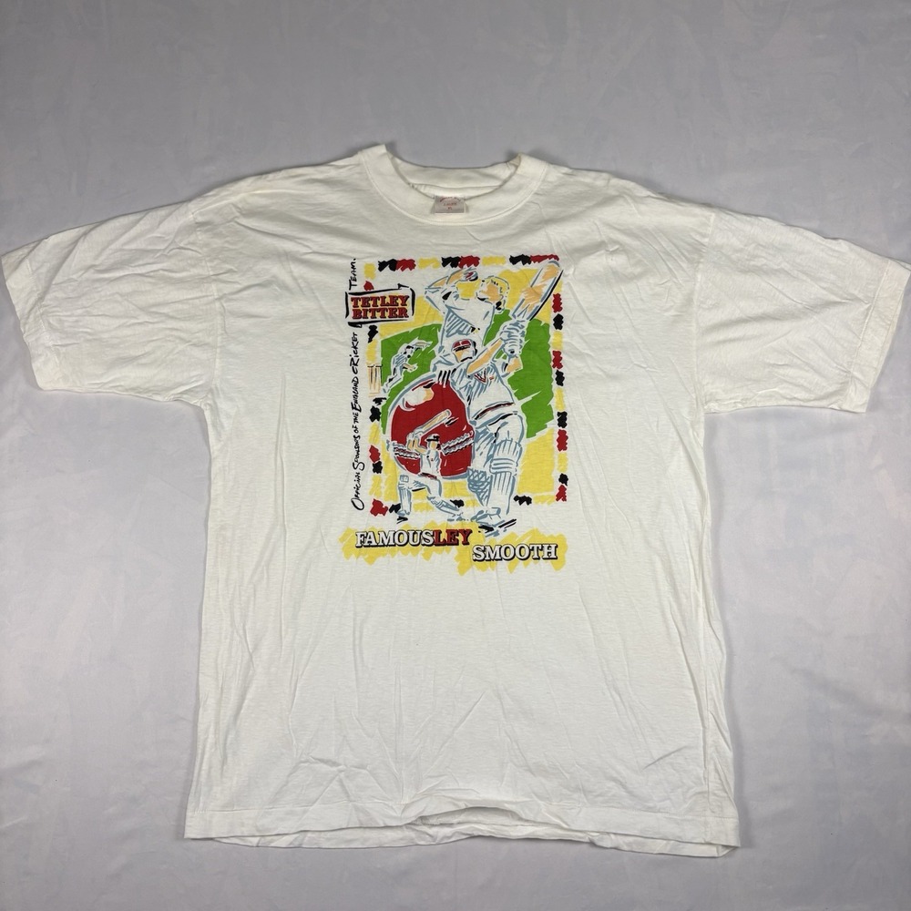 Vintage 90s Tetley Bitter England Cricket Single Stitch T-Shirt XL Beer Sponsor